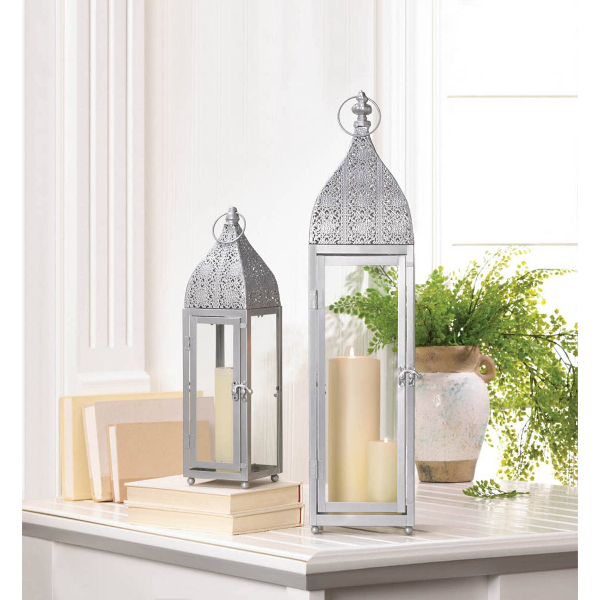 15" Small Silver Metal Rectangular Moroccan Style Candle Lantern